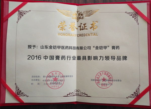 金铠甲膏药被评为中国膏药行业最具影响力领导品牌